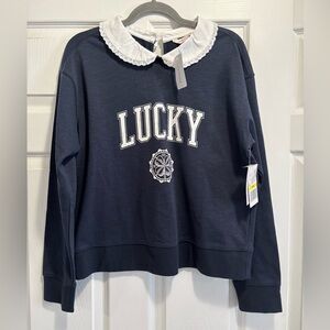 NWT Lucky Brand Peter Pan Collared Sweatshirt Navy Blue Women's Small Brand New